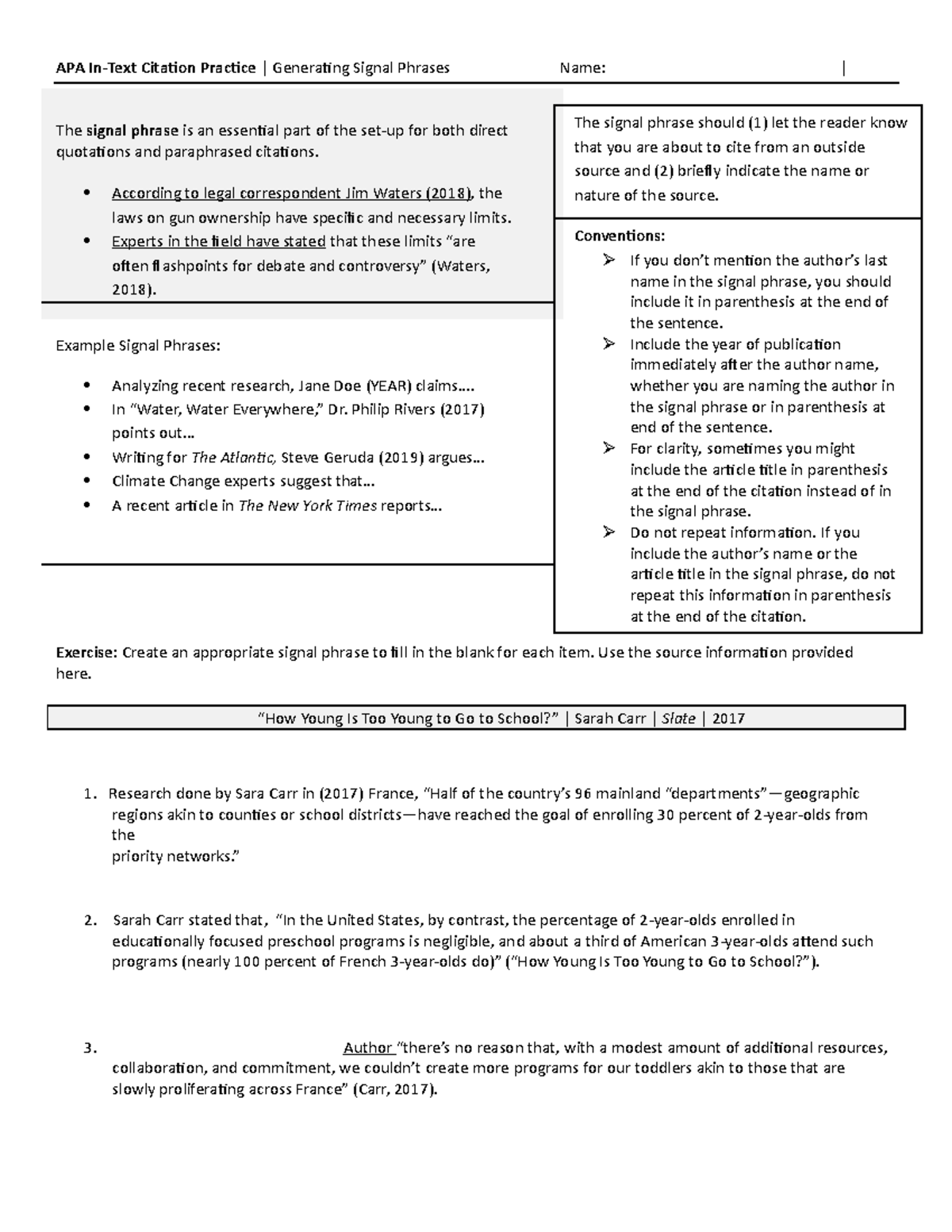 APA In-Text Citation Practice Worksheets: Exercises & Examples - Studocu