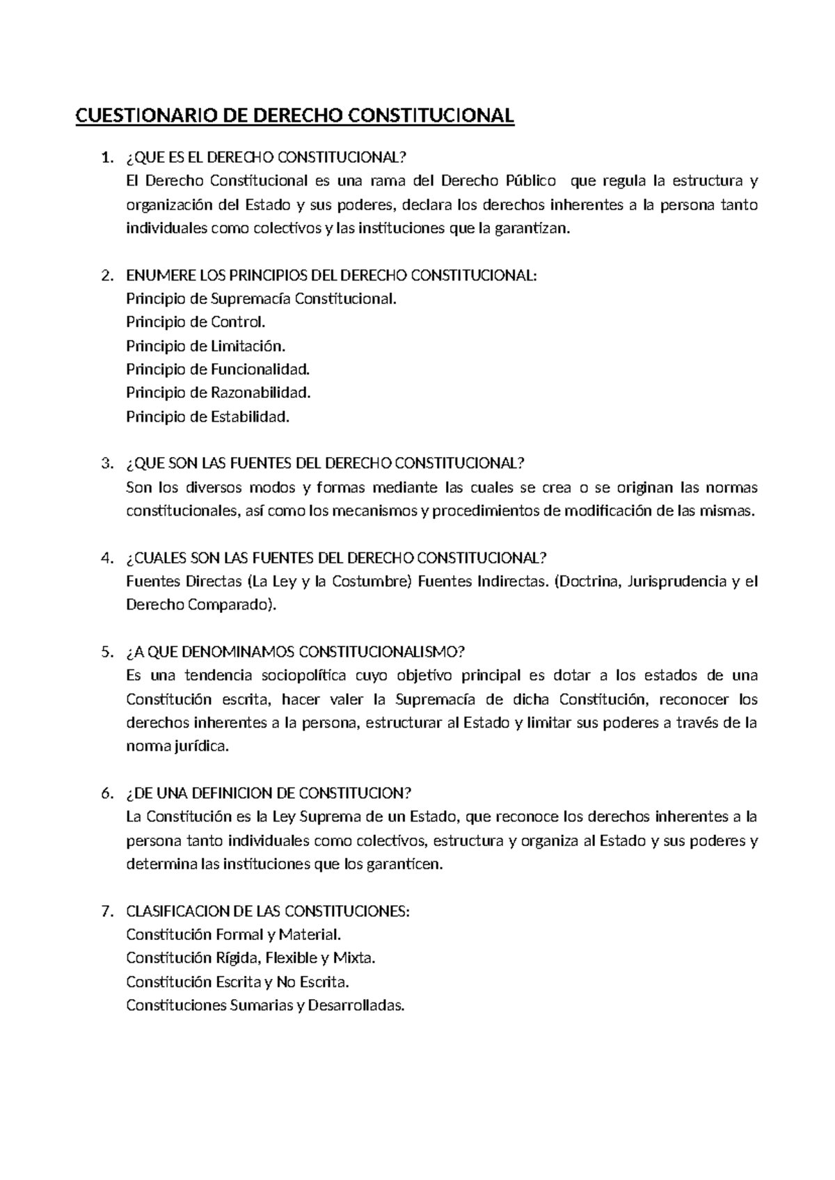 Cuestionario de Derecho Constitucional - Respuestas y Definiciones ...