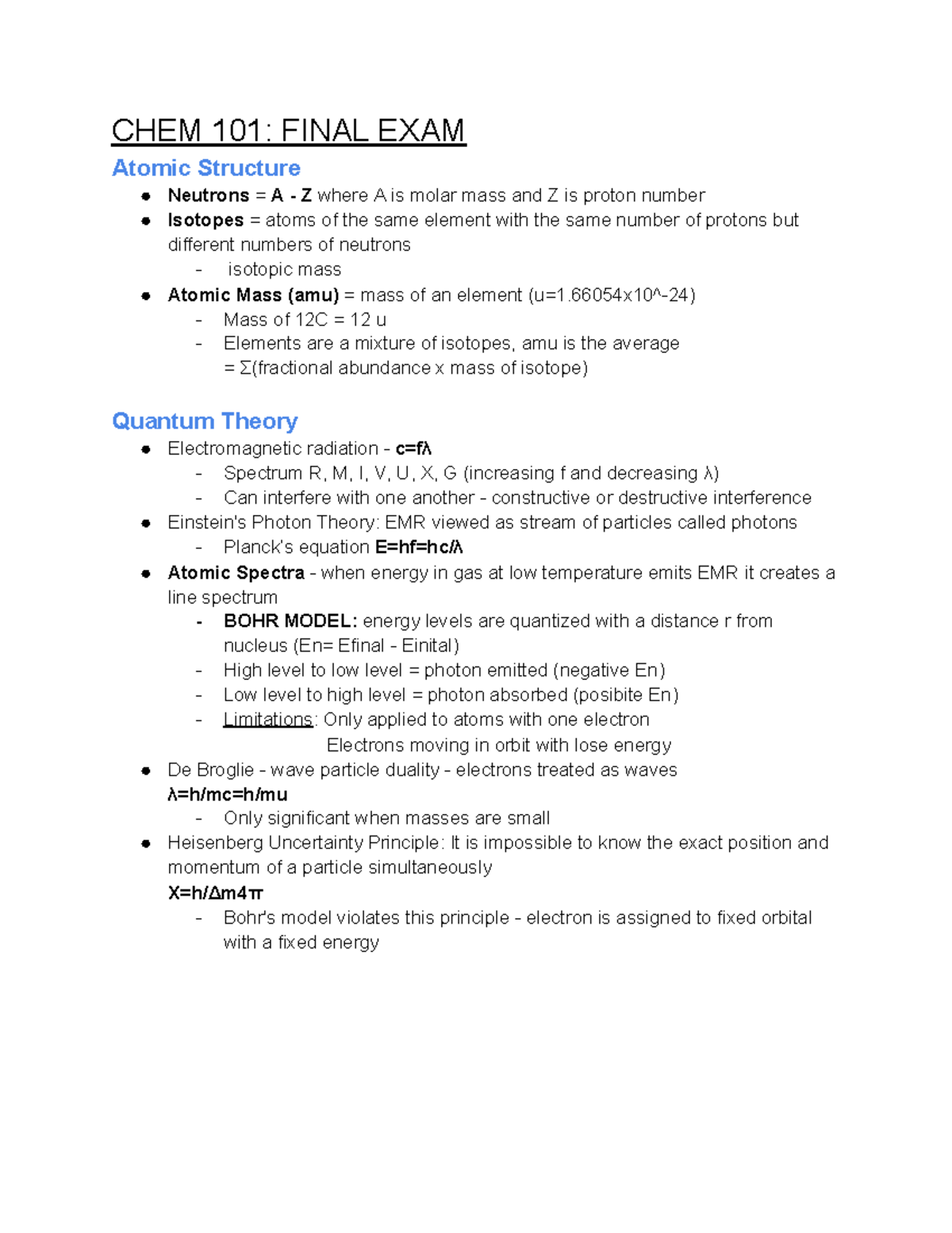 CHEM 101 Final Exam - Comprehensive Lecture Notes Summary - Studocu