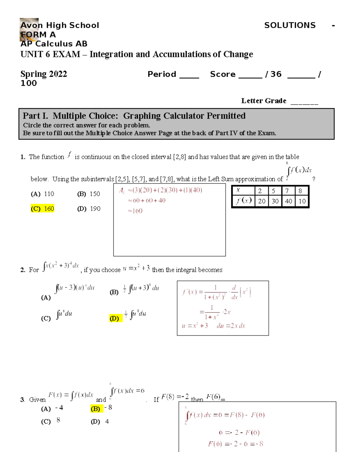 AP Calculus AB Unit 6 Exam Form A Solutions - Spring 2022 - Studocu
