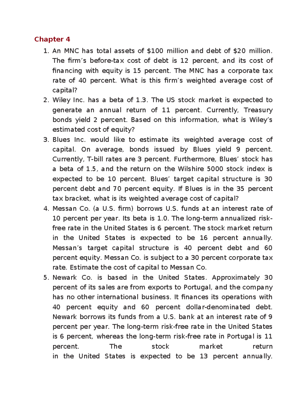 Chapter 4 - WACC Analysis for MNCs and Cost of Capital - Studocu