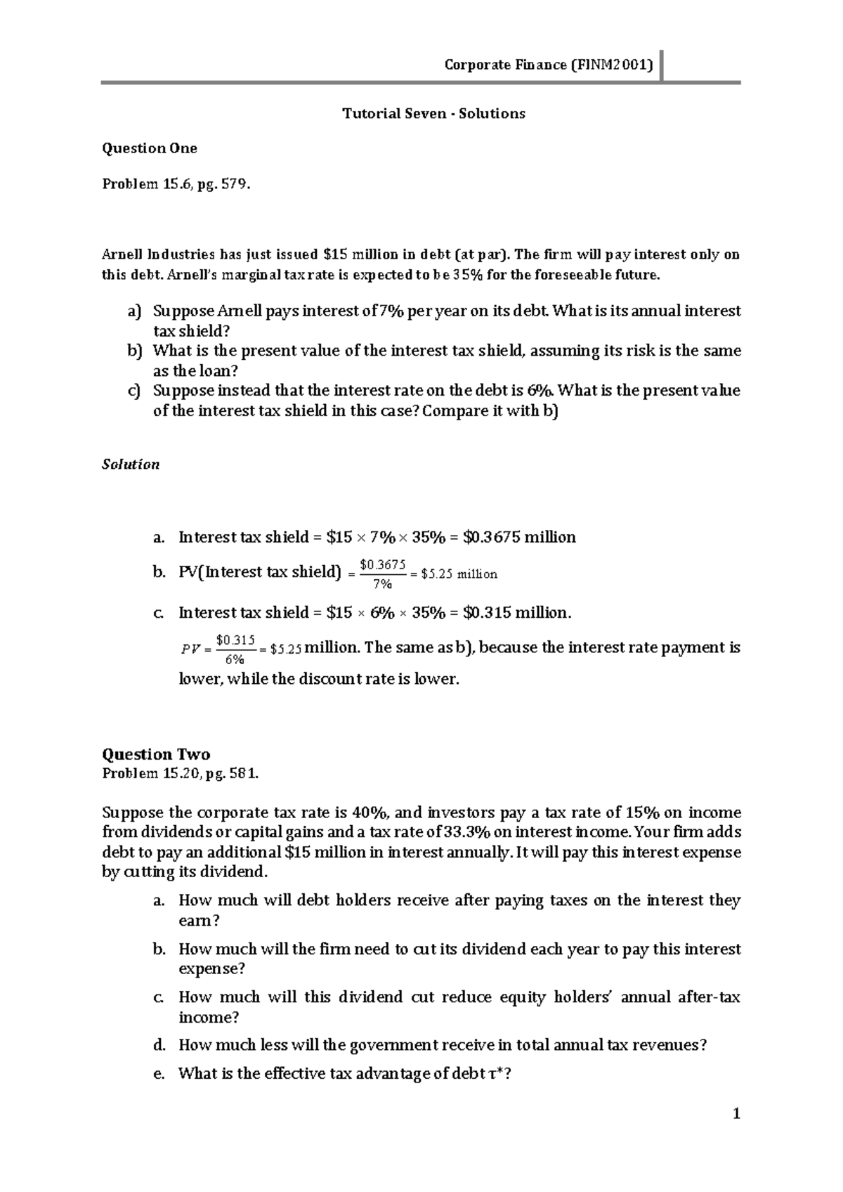 Corporate Finance (FINM2001) Tutorial 7: Tax Shield & Debt Solutions ...