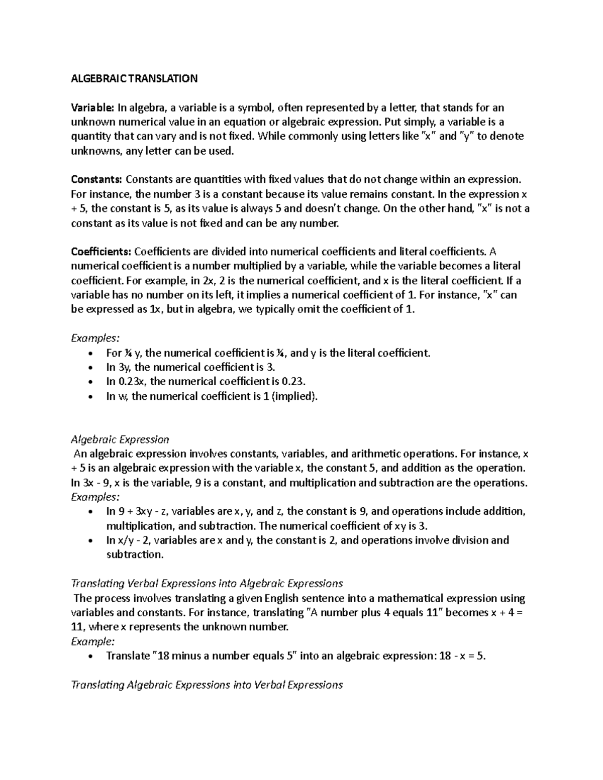 Algebraic Translation: Understanding Variables, Constants, and ...