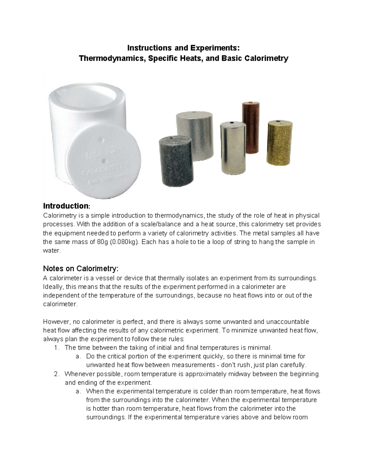 Lab 2: Calorimetry Experiments on Thermodynamics and Specific Heats ...