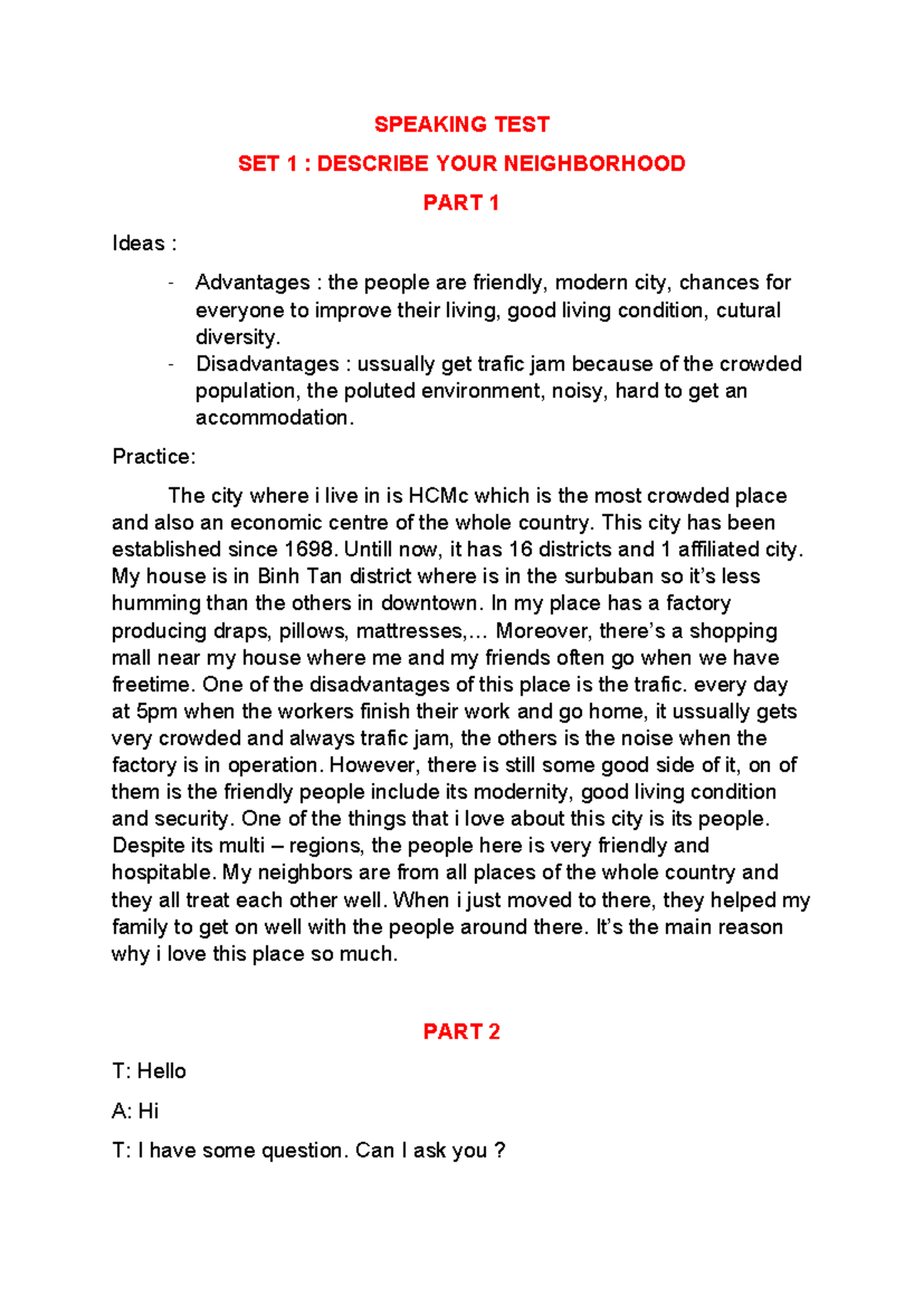Speaking TEST 5 - SPEAKING TEST SET 1 : DESCRIBE YOUR NEIGHBORHOOD PART ...