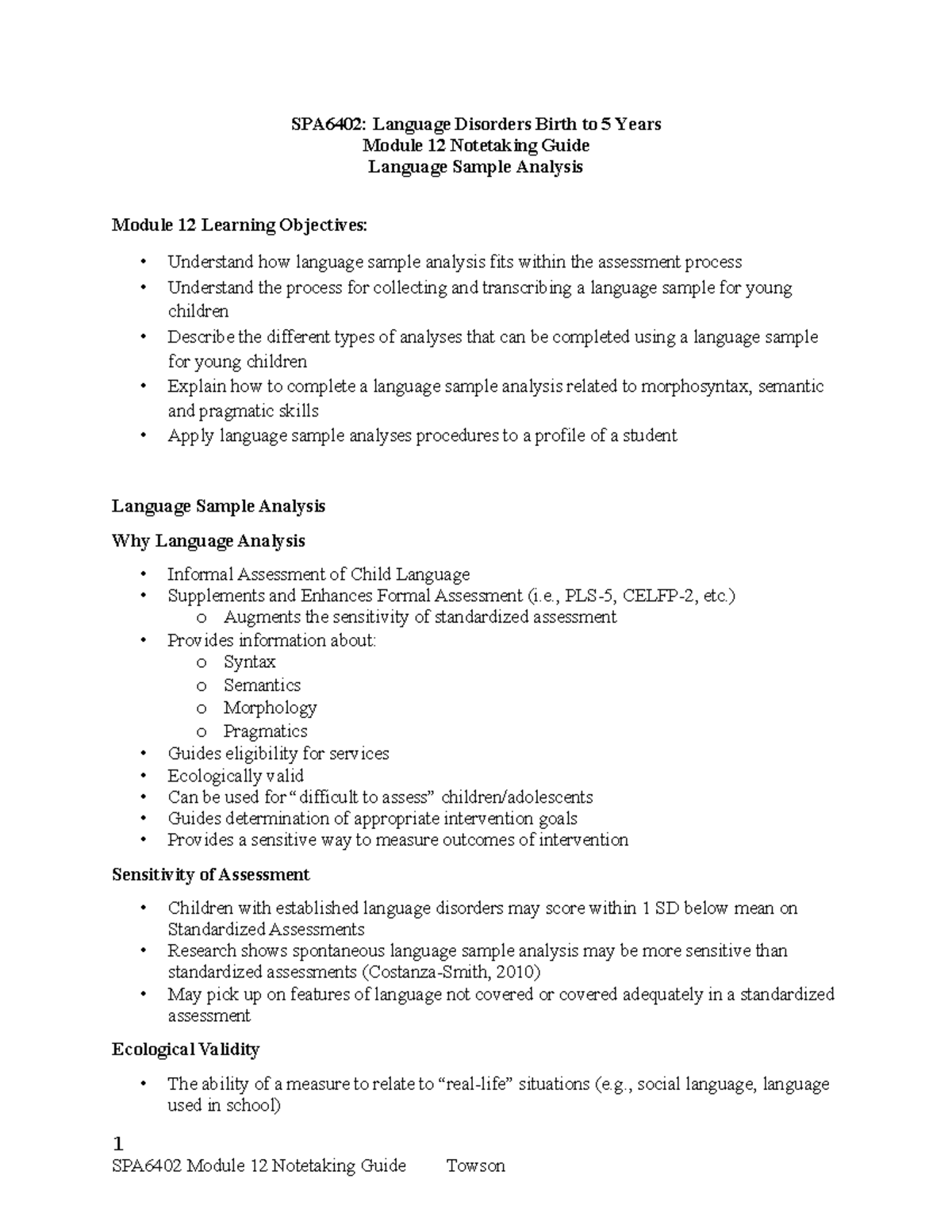 SPA6402: Module 12 Language Sample Analysis Notetaking Guide - SPA6402 ...