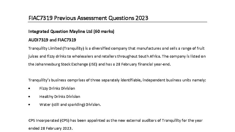 FIAC7319 Integrated Assessment Questions on Tranquility Ltd (2023 ...