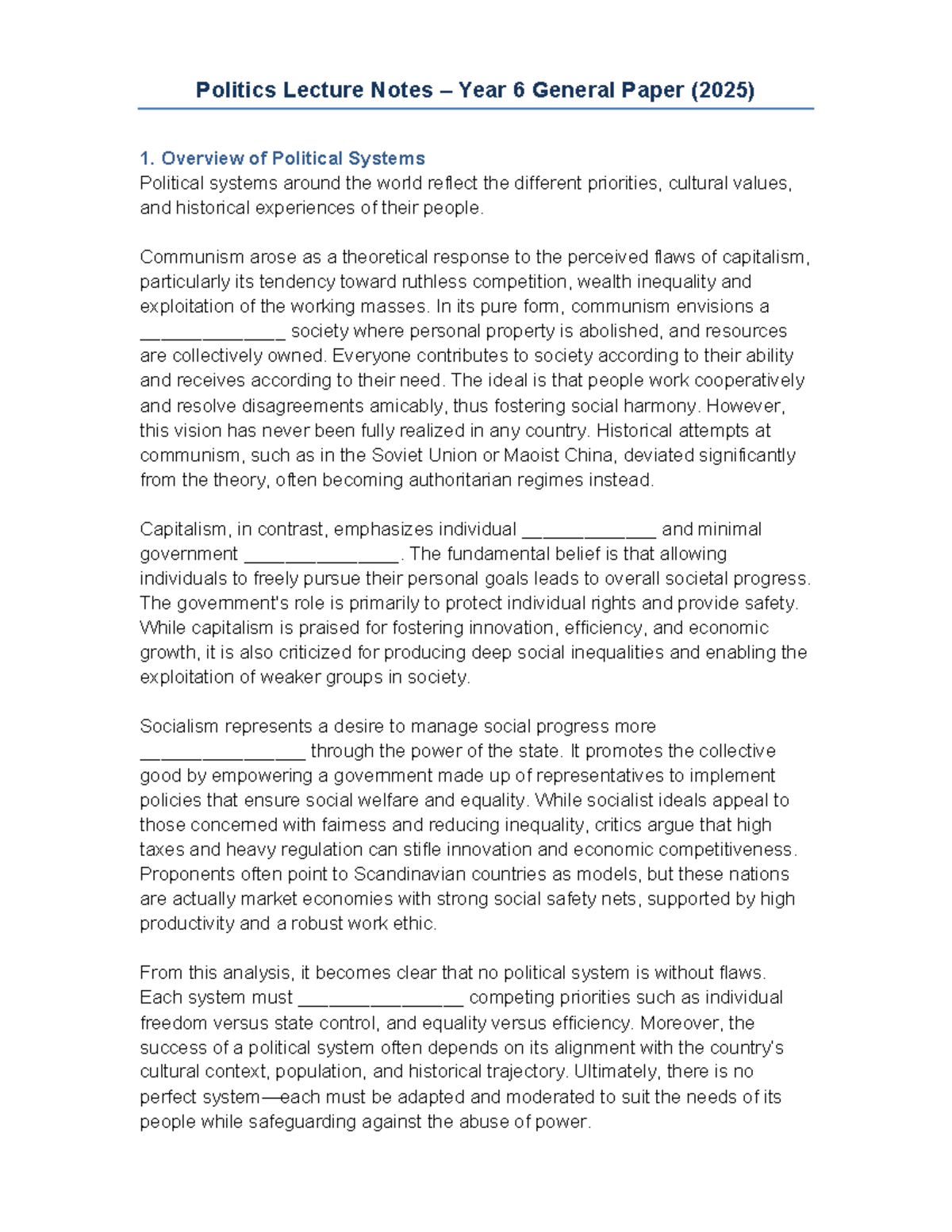 Politics 2 Lecture Notes: Overview of Political Systems and Challenges ...