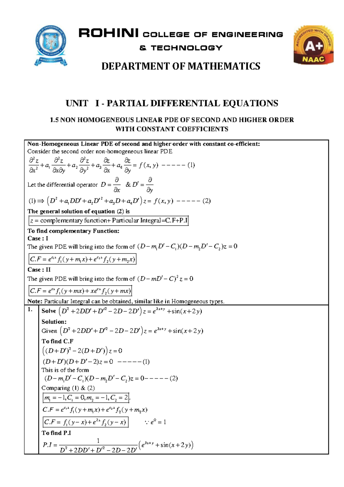 Rohini College of Engineering - MATHEMATICS Unit I: Non-Homogeneous ...