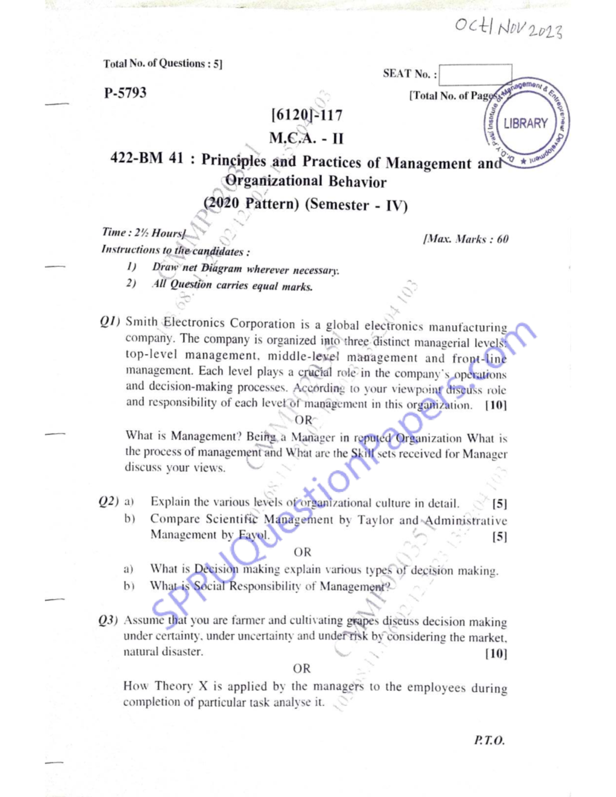 PPM OB 2020 - Nov 2023 Question Paper on Management Principles - Studocu
