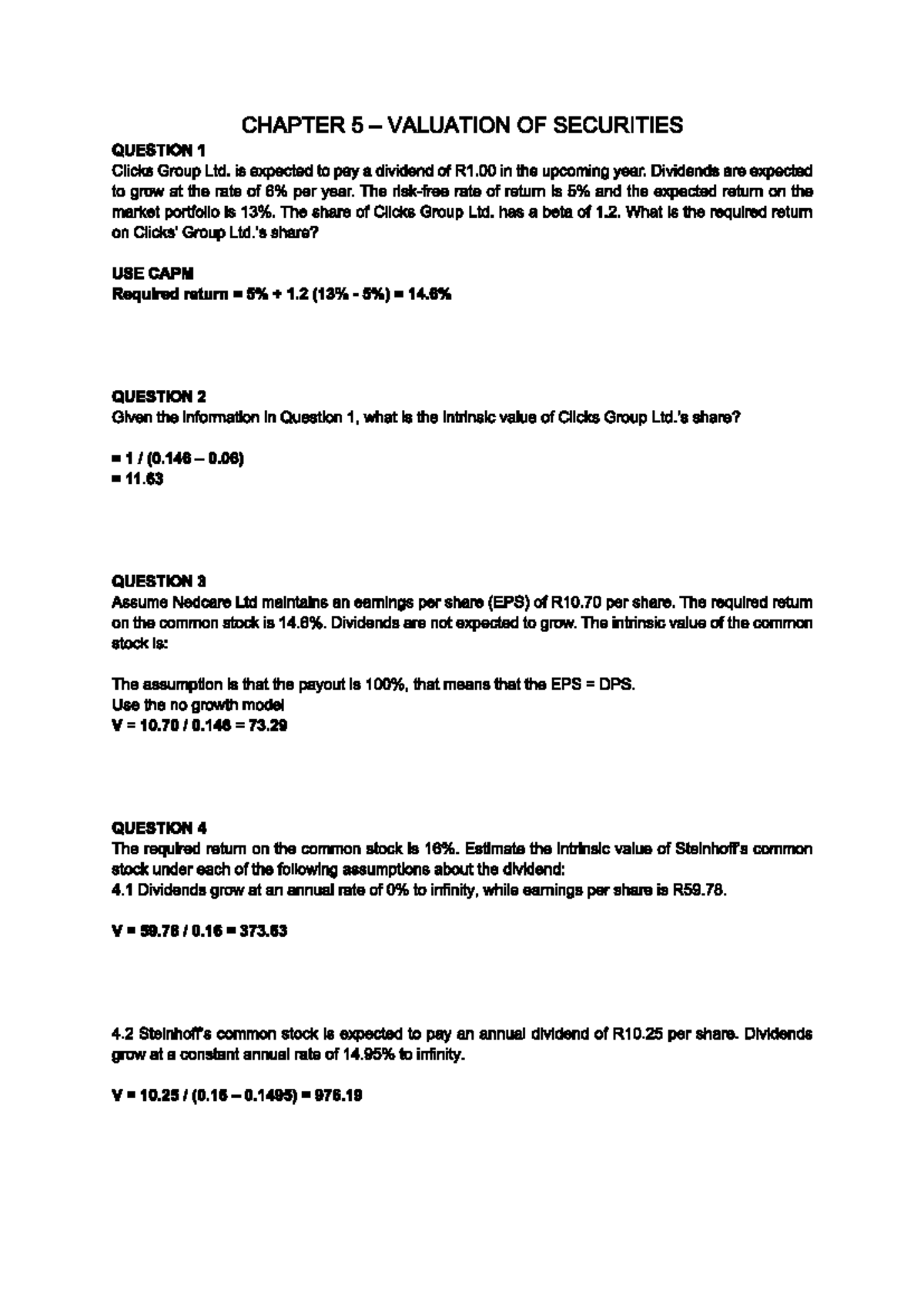 CHAPTER 5 SECURITIES VALUATION QUESTIONS & SOLUTIONS (FIN 101) - Studocu