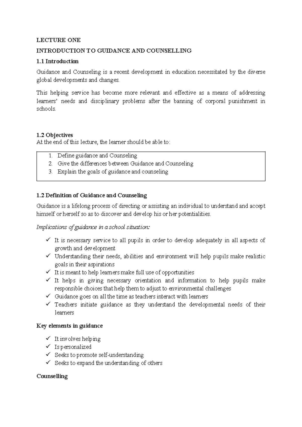 PSY 410 Lecture 1: Introduction to Guidance and Counseling - Studocu