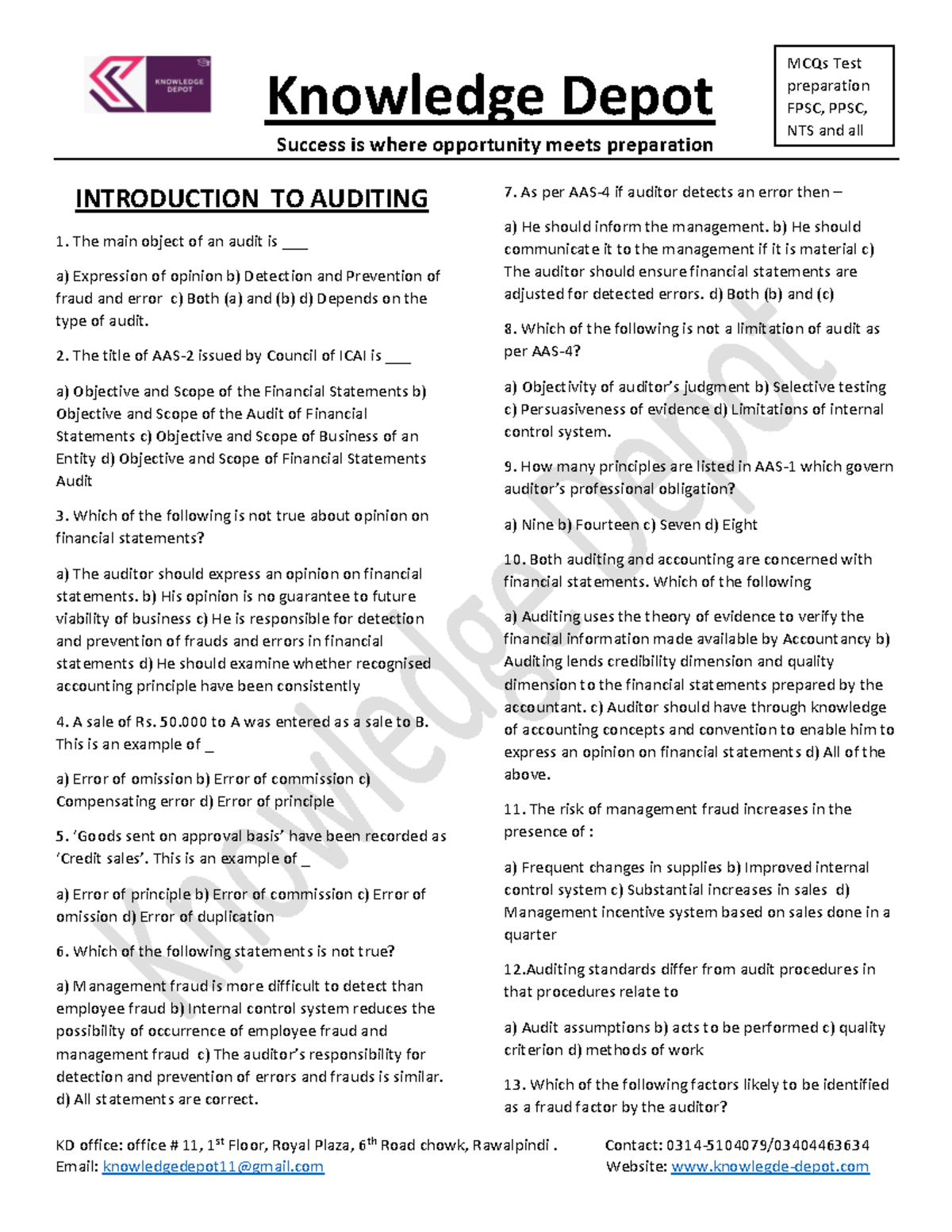 Auditing Multiple choice Questions - Knowledge Depot ####### Success is ...