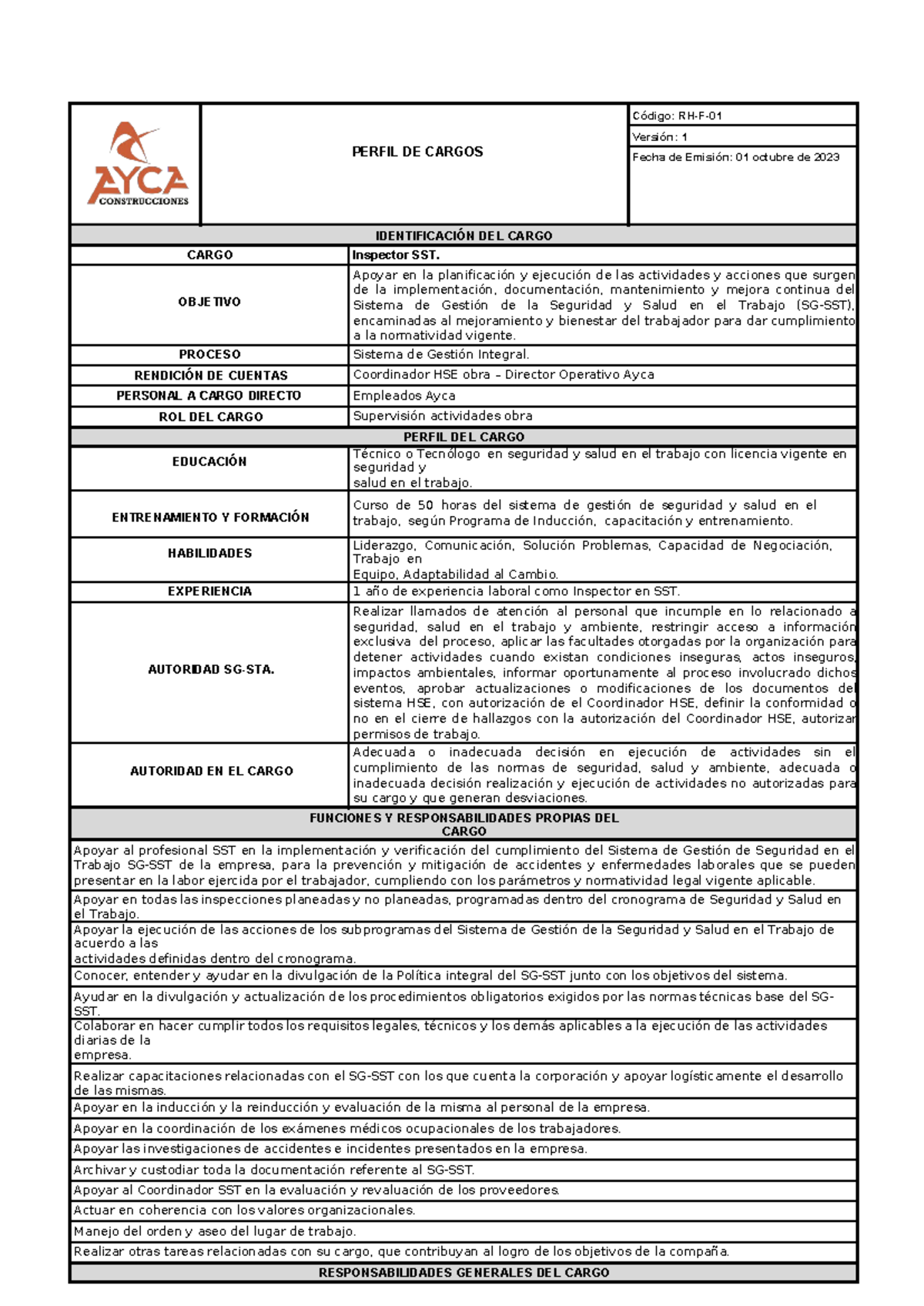 RH-F-01 Perfil de Cargo: Inspector SST y sus Responsabilidades - Studocu