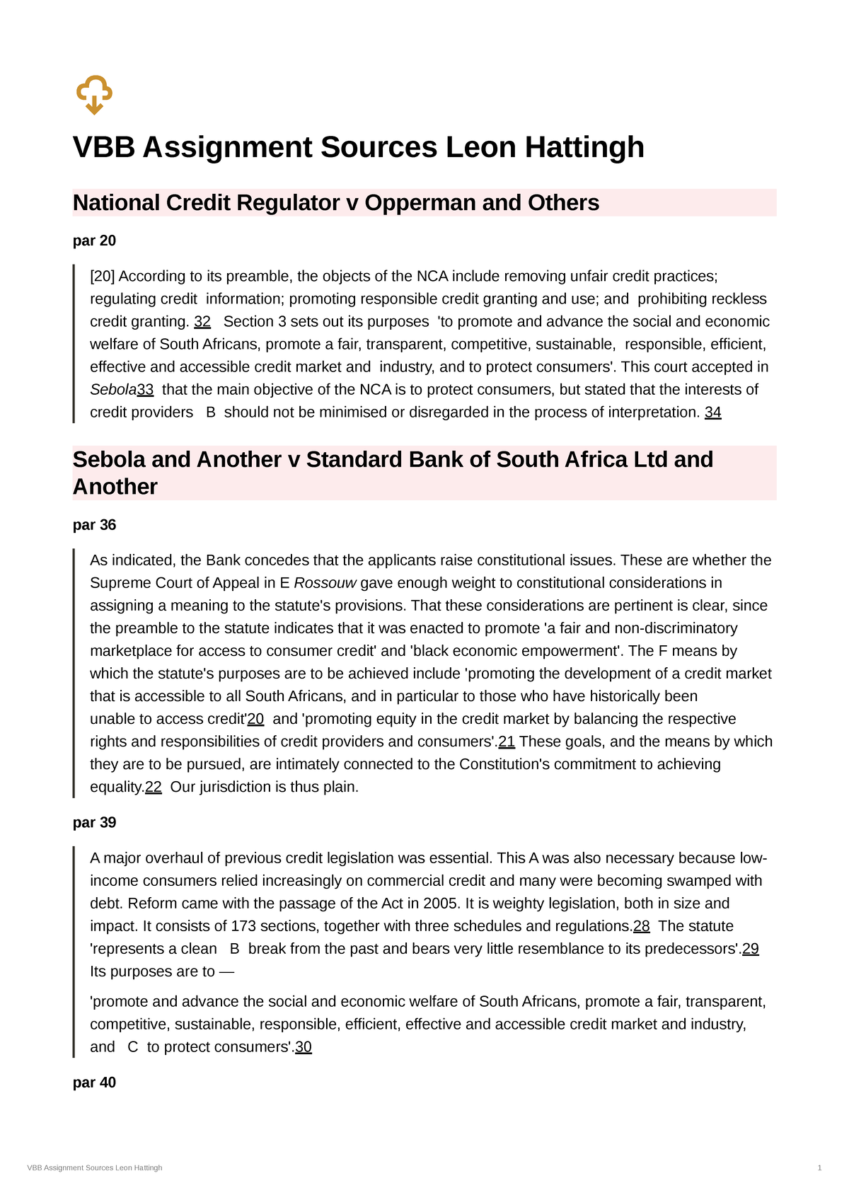 VBB Assignment Sources: Analysis of Key Legal Cases by Leon Hattingh ...