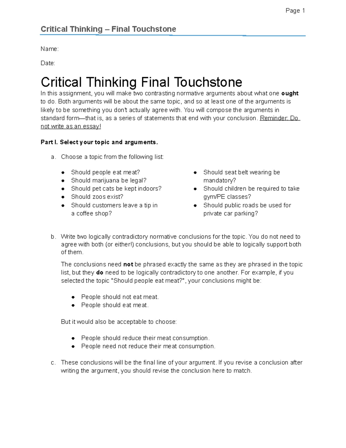 Critical Thinking 101: Final Touchstone Assignment on Normative ...