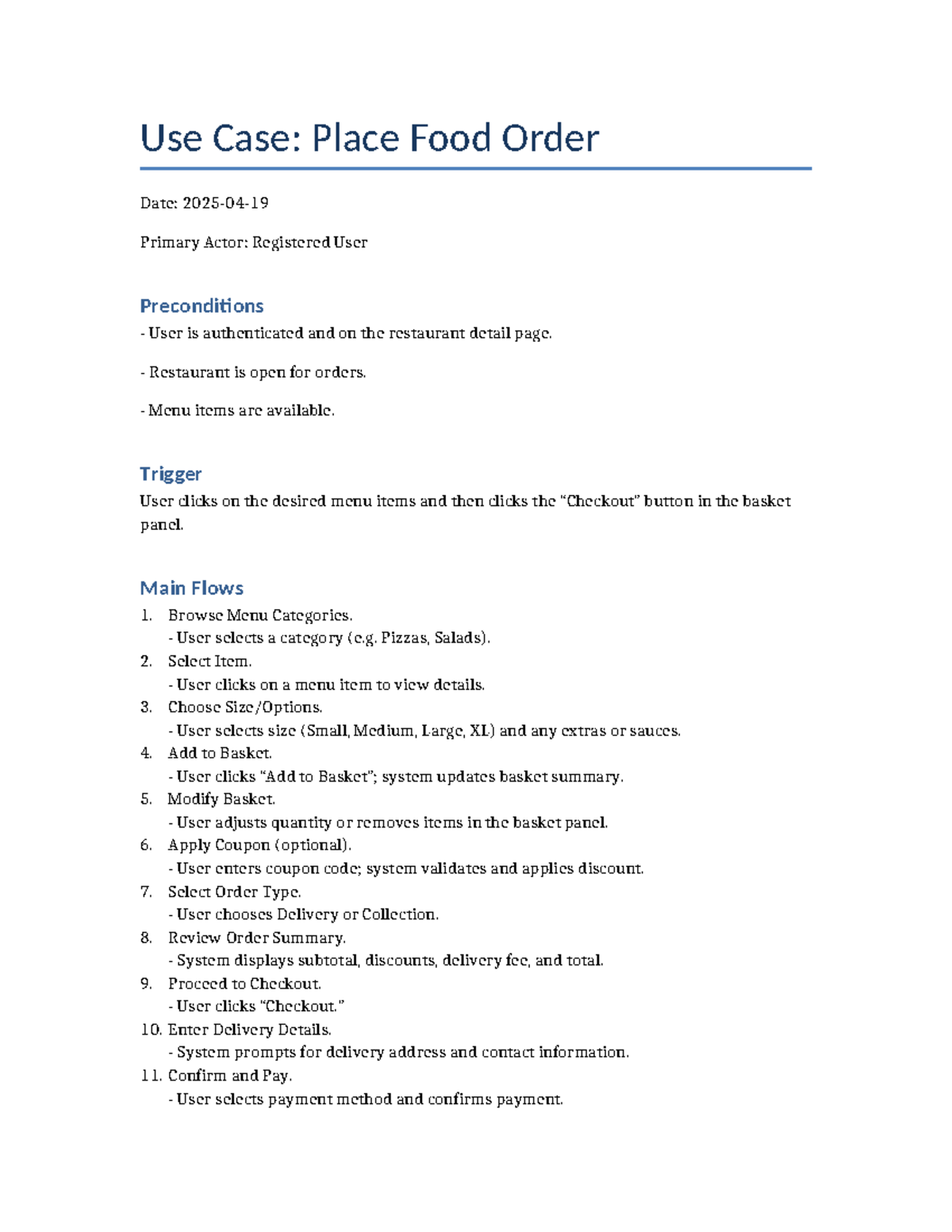 Use Case: Food Order Process for Registered Users - Studocu