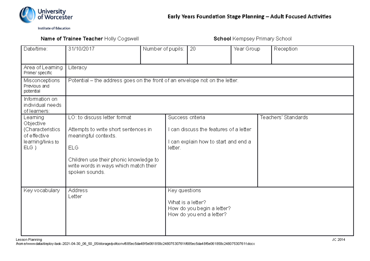 Literacy 31 Lesson Plan: Teaching Letter Format to Reception Class ...