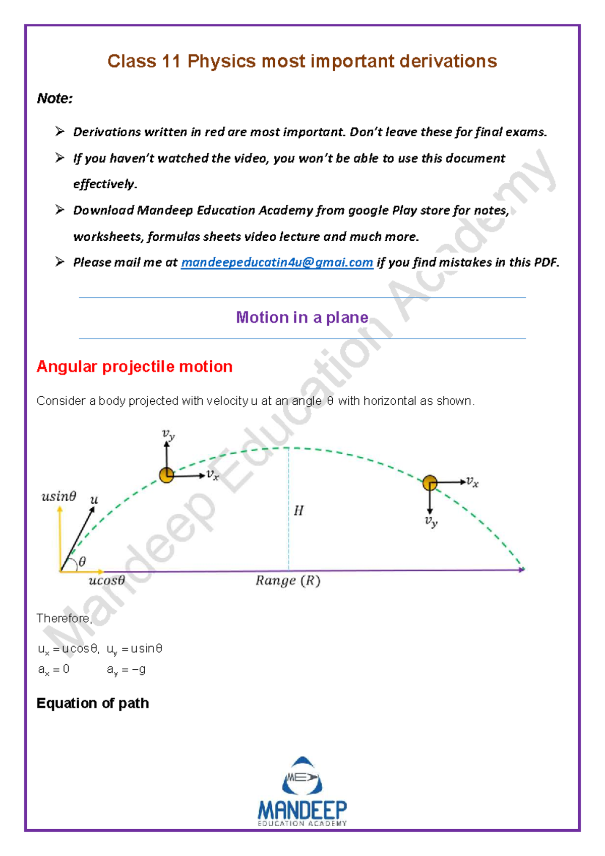 Class 11 Physics: Key Derivations for Final Exam Preparation - Studocu