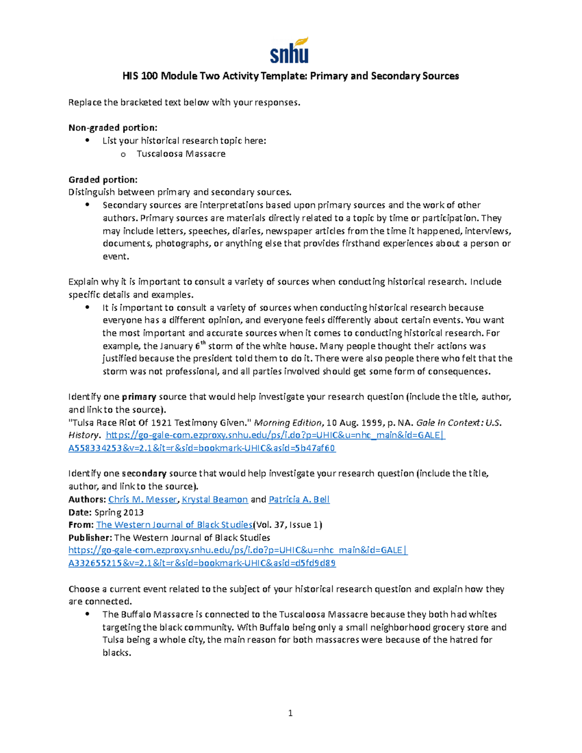 HIS 100 Sources - HIS 100 Module Two Activity Template: Primary and ...