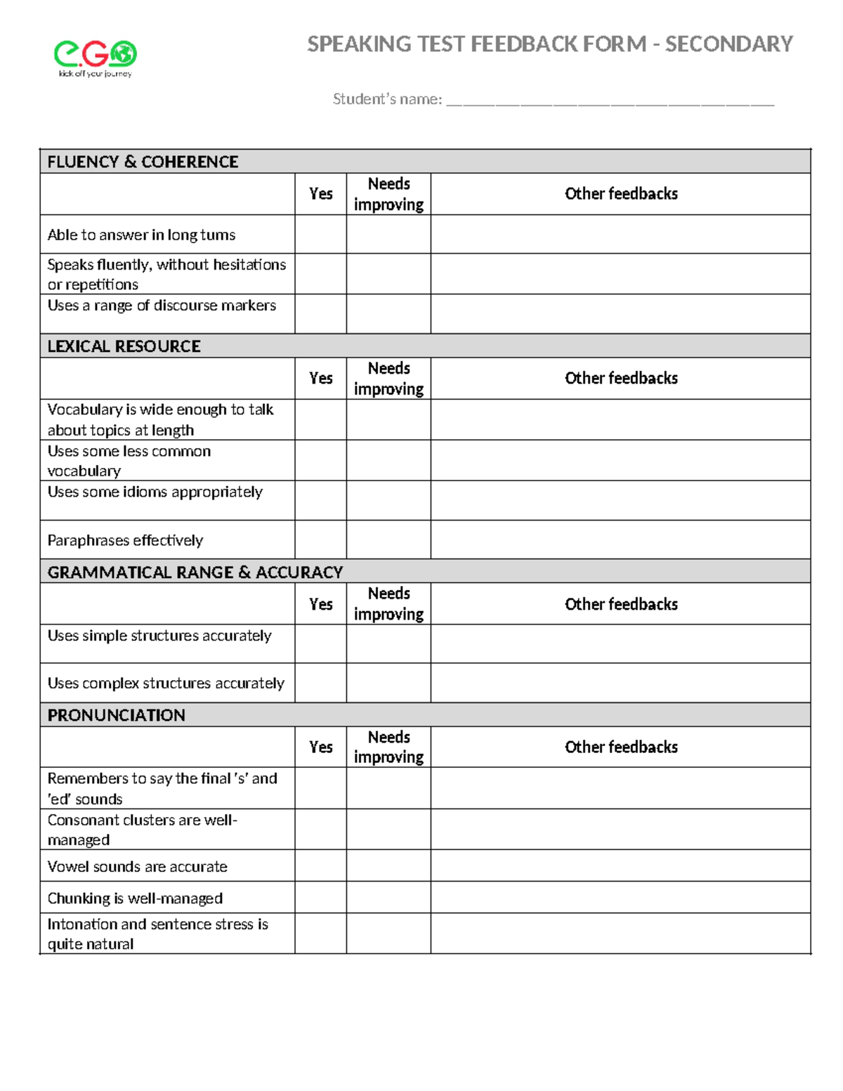 Speaking TEST Feedback FORM - EGO - SPEAKING TEST FEEDBACK FORM ...
