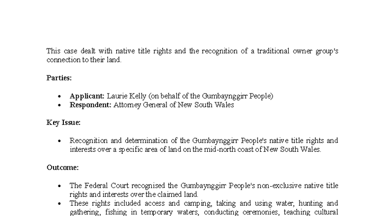 Kelly v AG of NSW: Gumbaynggirr Native Title Rights Case Note - Document Preview