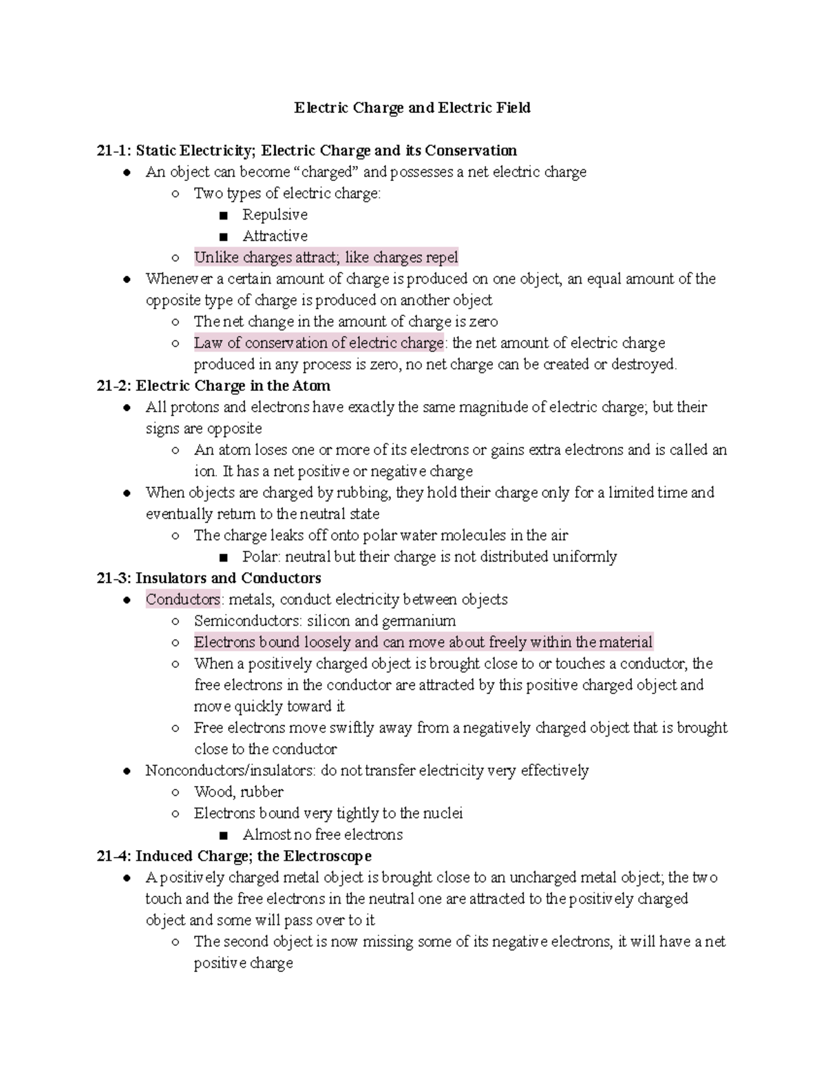 Electric Charge and Fields - Chapter 21 Study Notes - Studocu