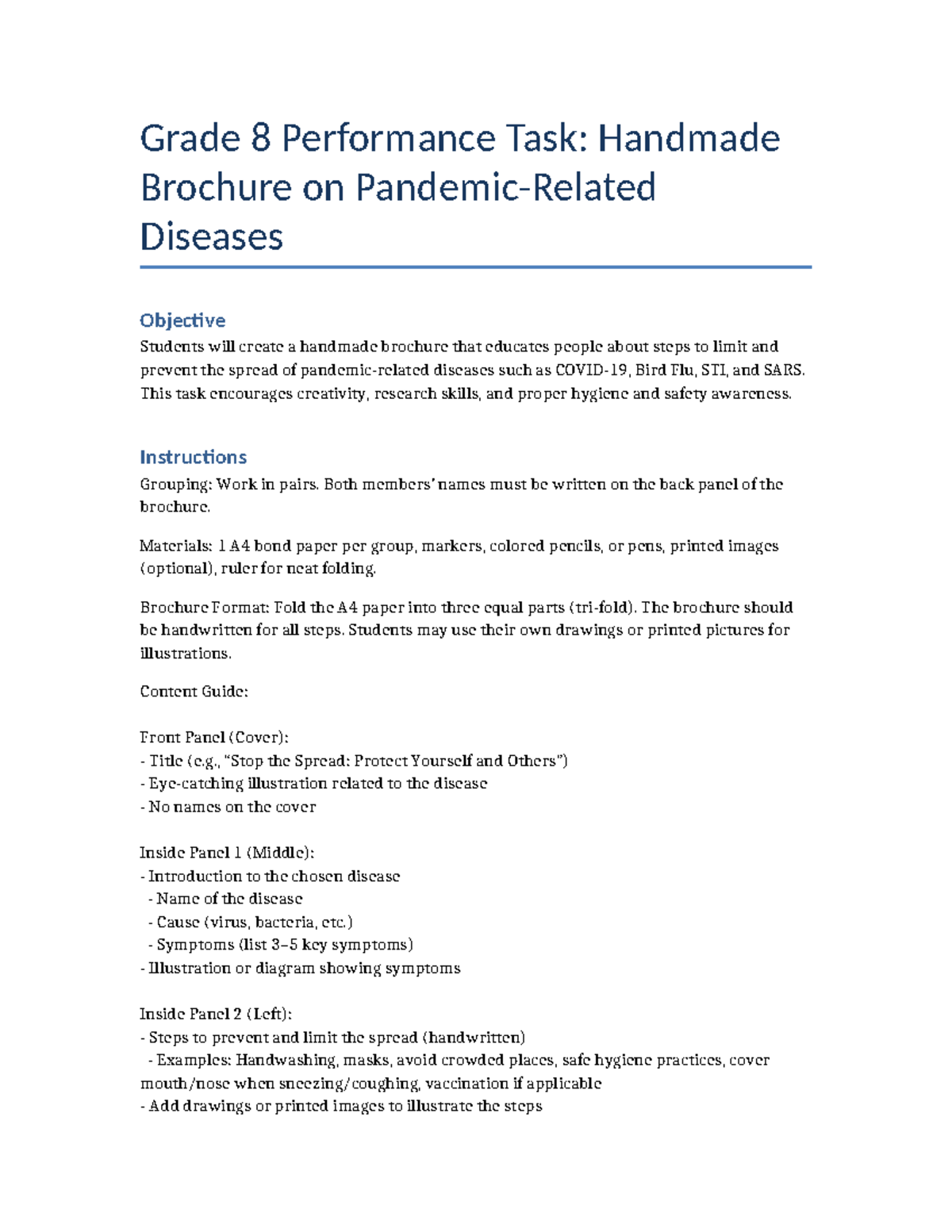 Grade 8 Performance Task: Pandemic Brochure Creation - Studocu