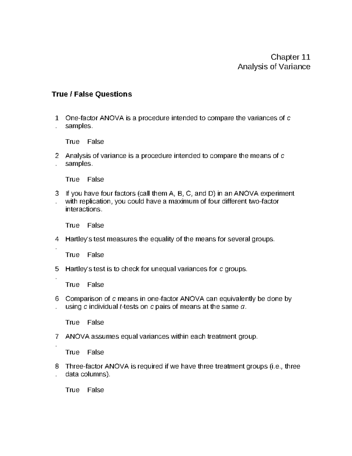 Chapter 11 ANOVA True/False Questions and Answers - Studocu