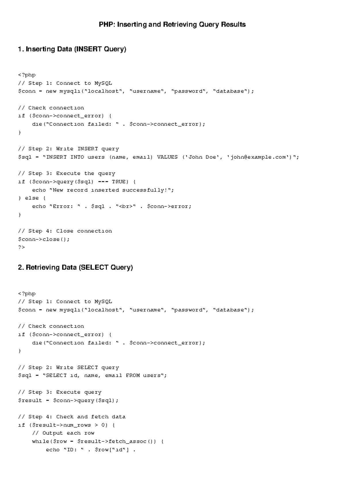 PHP: Insert and select example for MySQL queries - Studocu