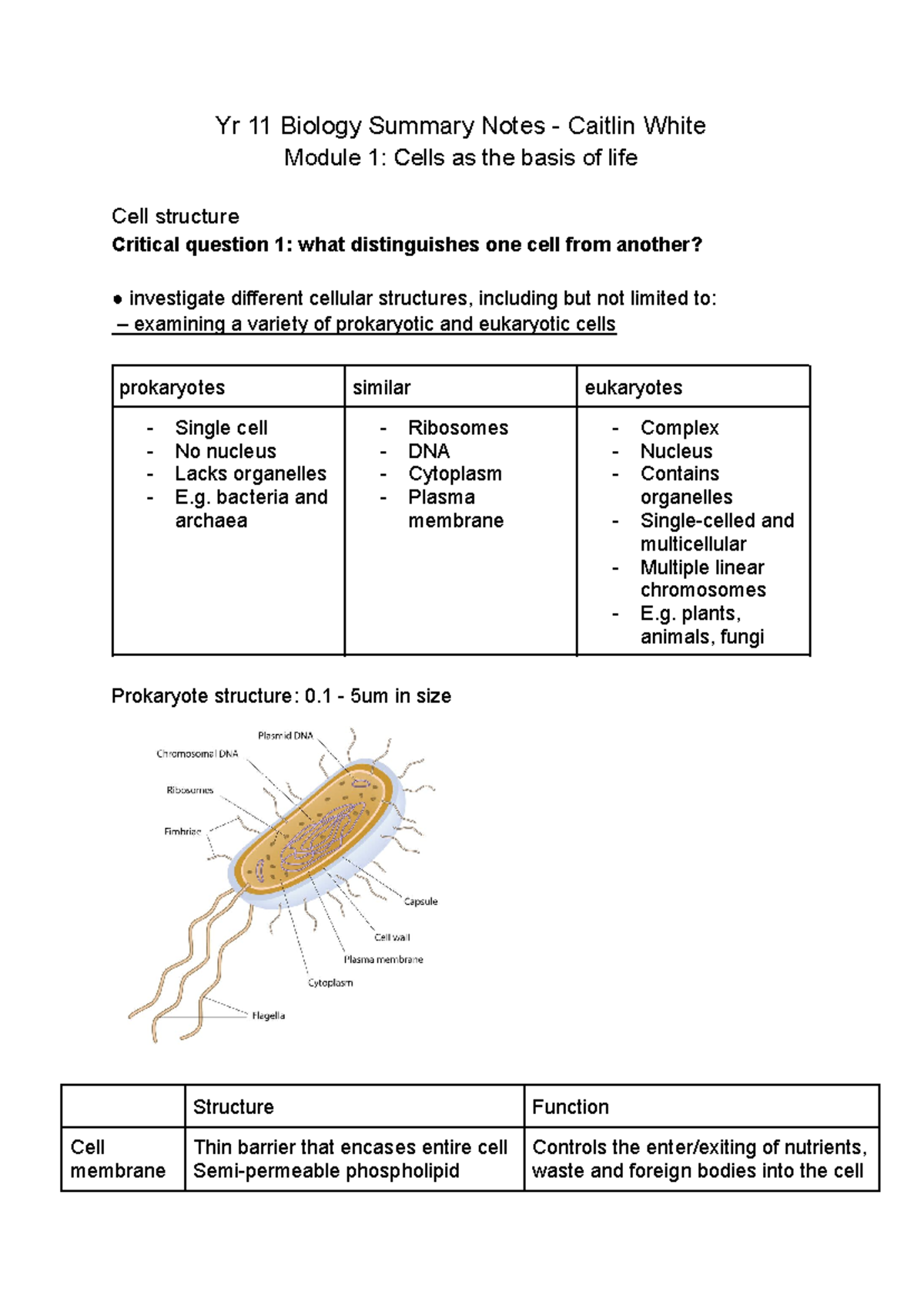 Yr 11 Biology Summary Notes - Module 1 Overview and Functions - Studocu