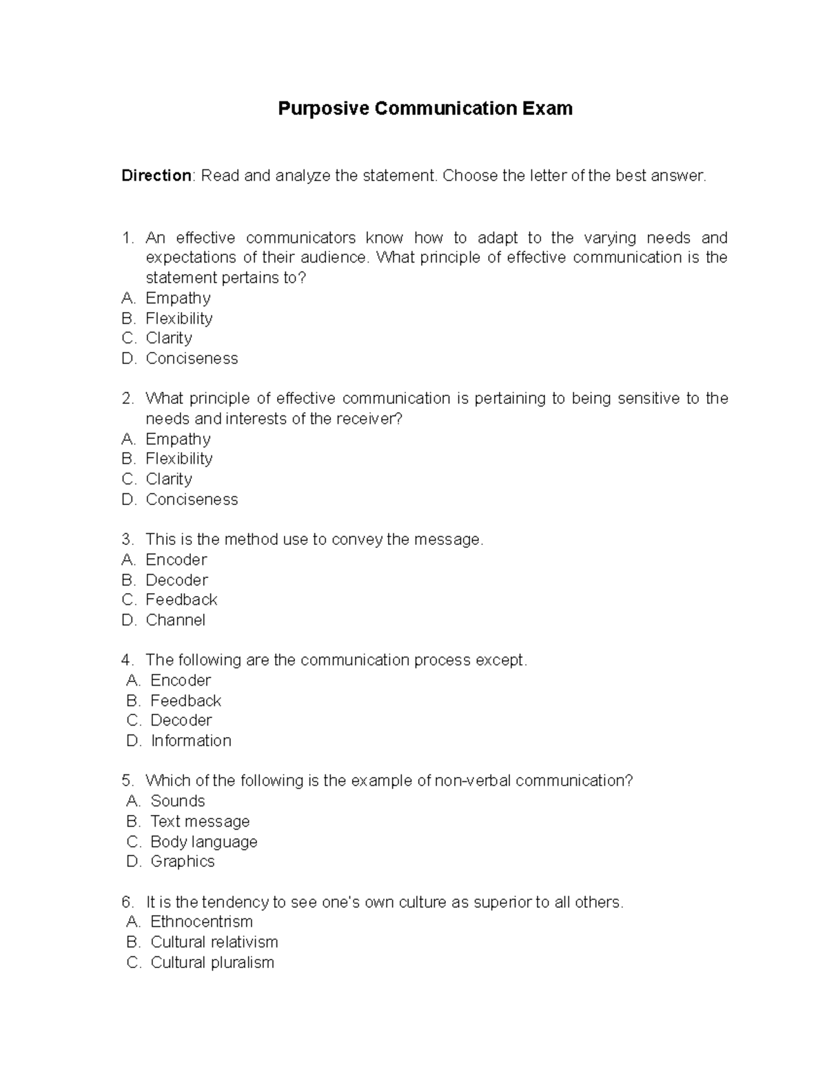 Purposive Communication Exam Questions and Answers - Studocu