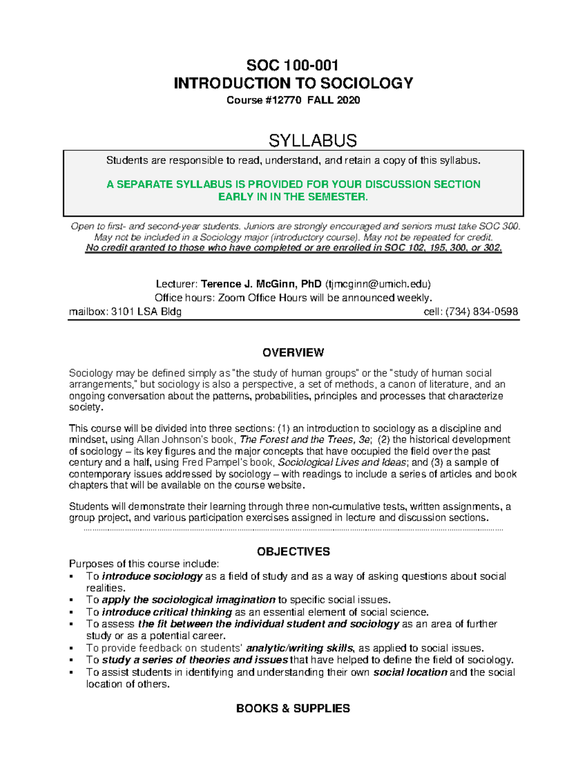 SOC 100 Syllabus: Introduction to Sociology - Fall 2020 - Studocu