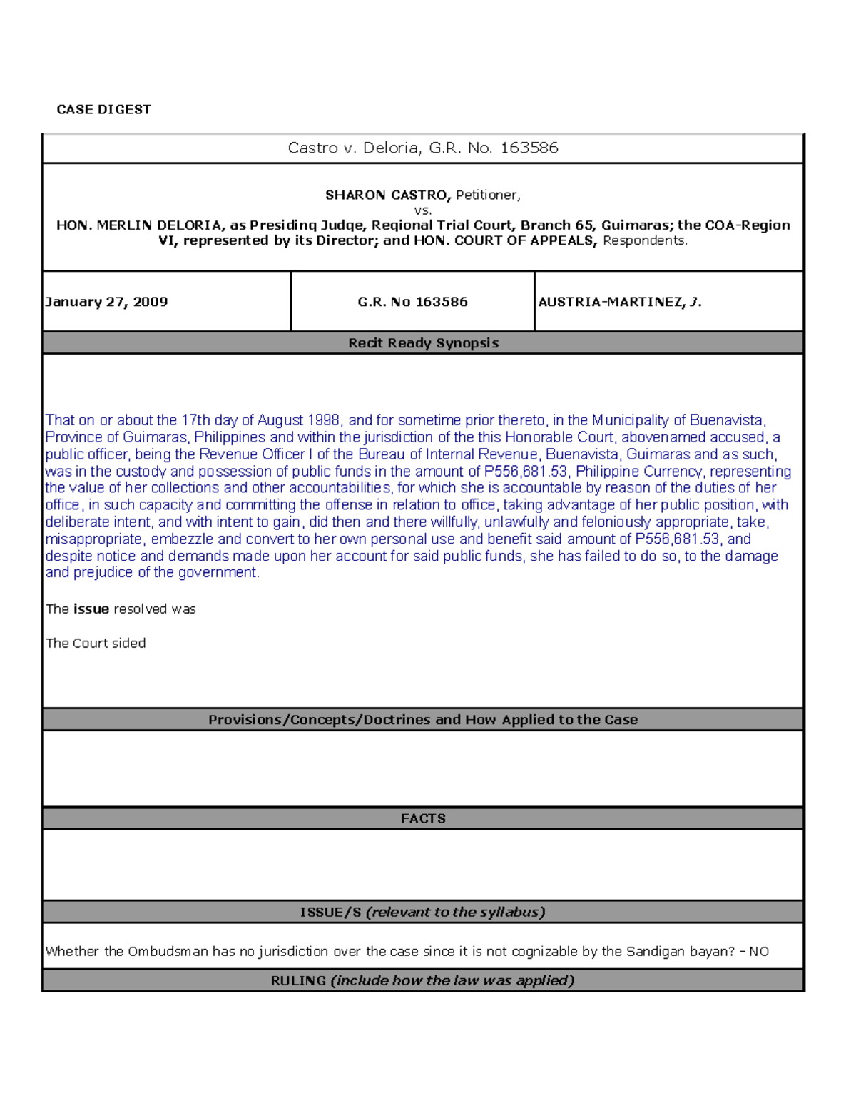 Castro v. Deloria - Case Digest & Ruling Analysis (G.R. No. 163586 ...