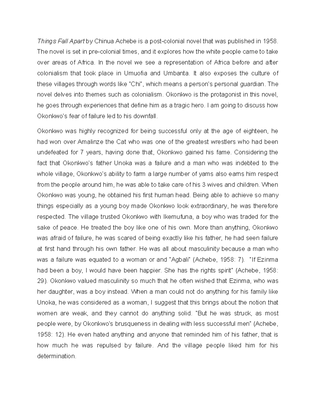 Chinua Achebe A - Essay on Masculinity and Failure in Things Fall Apart ...