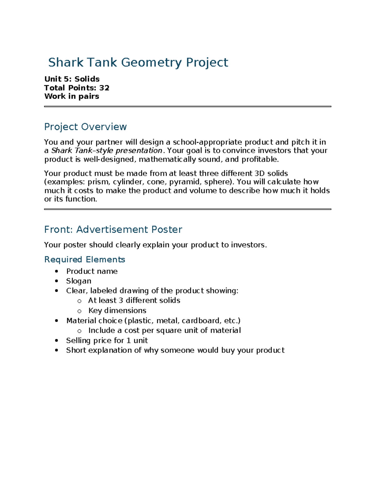 Shark Tank Geometry Project Unit 5: Solids - Student Handout - Studocu