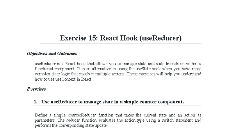 Exercise 15: React Hook (useReducer) - State Management Guide - Studocu