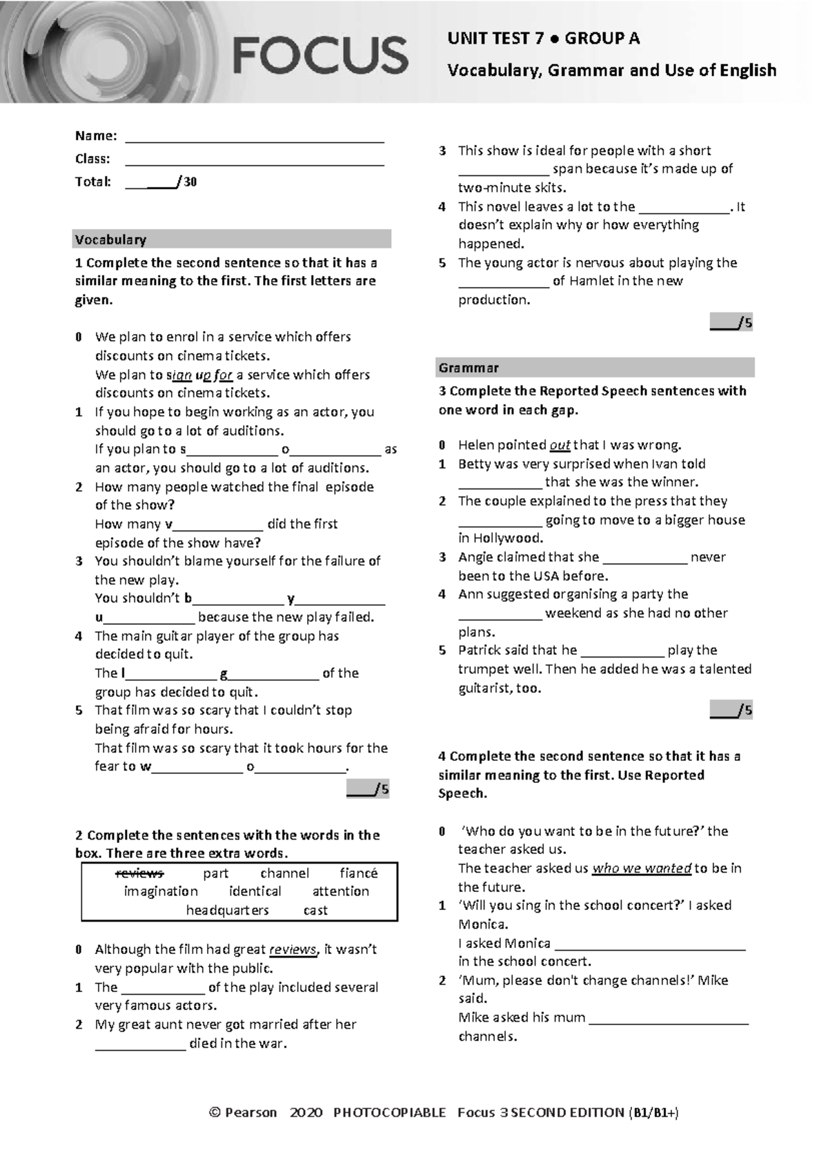 Focus 3 2E Unit Test 7 Group A: Vocabulary & Grammar Review - Studocu