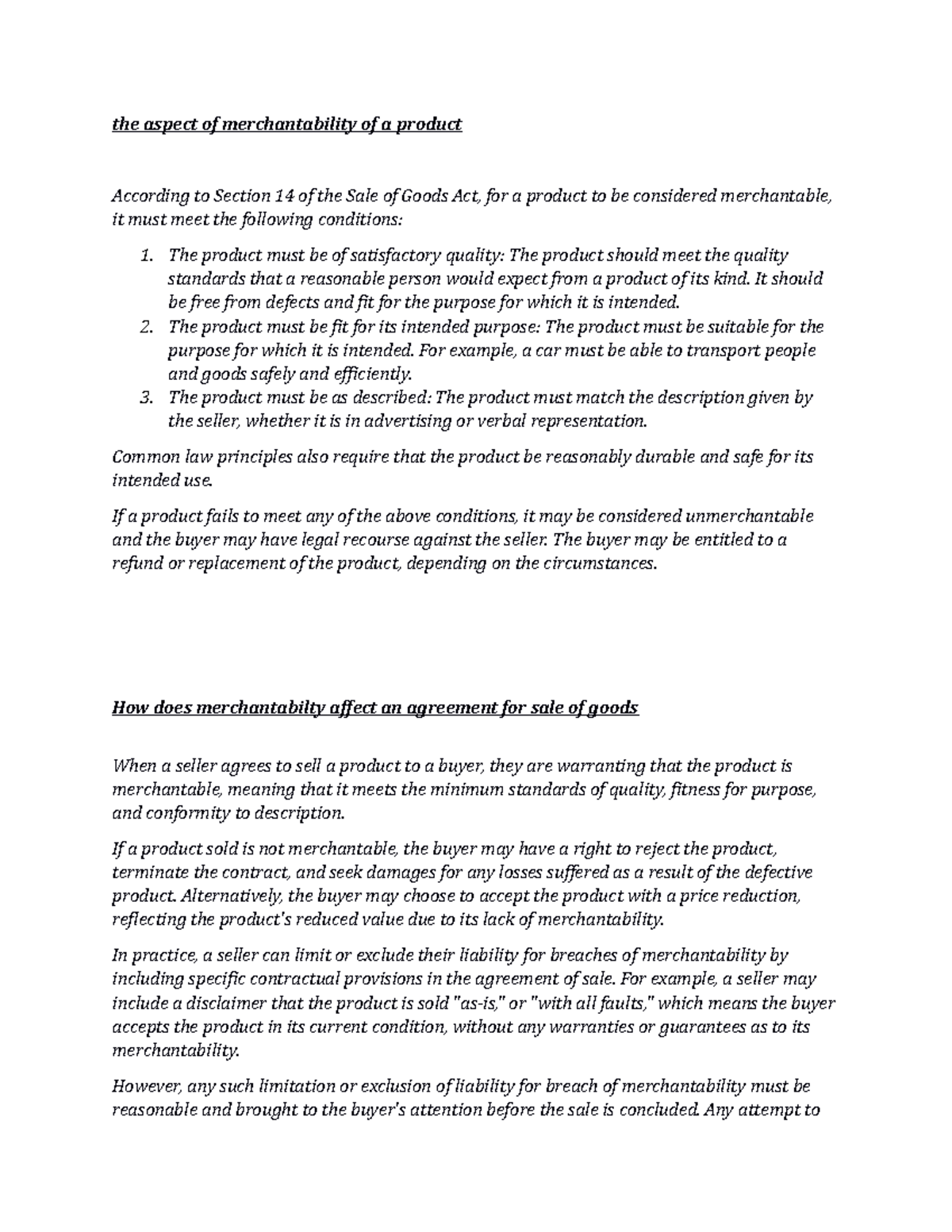 Merchantability Standards Under Sale of Goods Act: Key Insights - Studocu