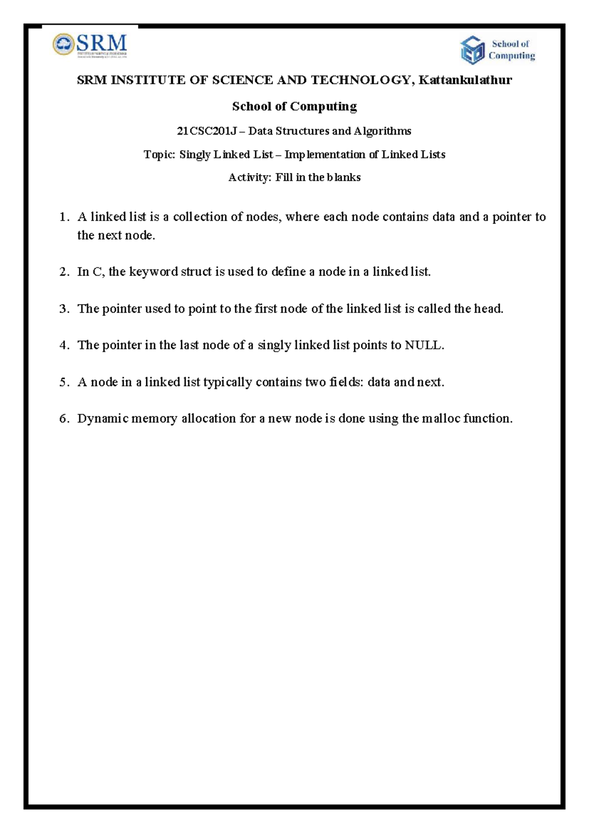 21CSC201J Data Structures & Algorithms: Singly Linked List Notes - Studocu