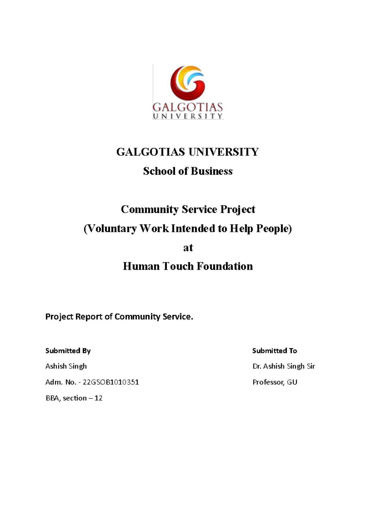 Community Service Project Report (BBA 22GSOB1010351) at Human Touch ...