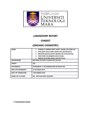 Lab report exp 6 chm 207 - Organic Chemistry - TITLE : CARBONYL ...