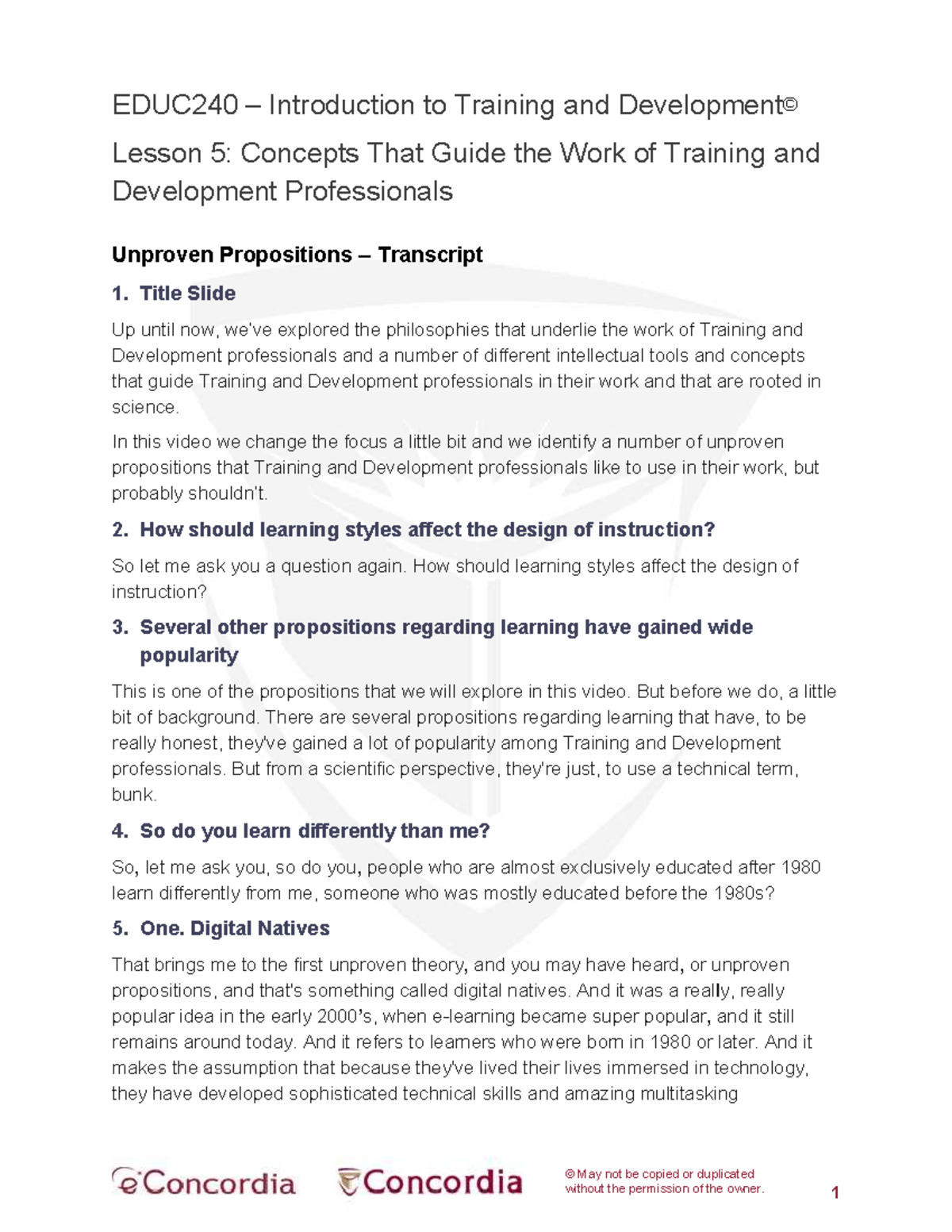 EDUC240 Lesson 5: Unproven Propositions in Training & Development - Studocu