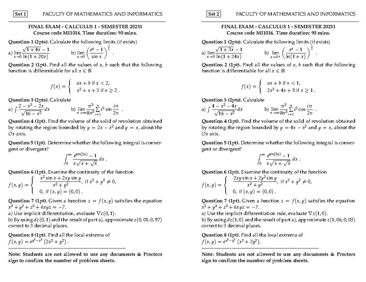 MI1016 Final Exam Calculus 1 - Set 1 & 2, Semester 20231 - Studocu