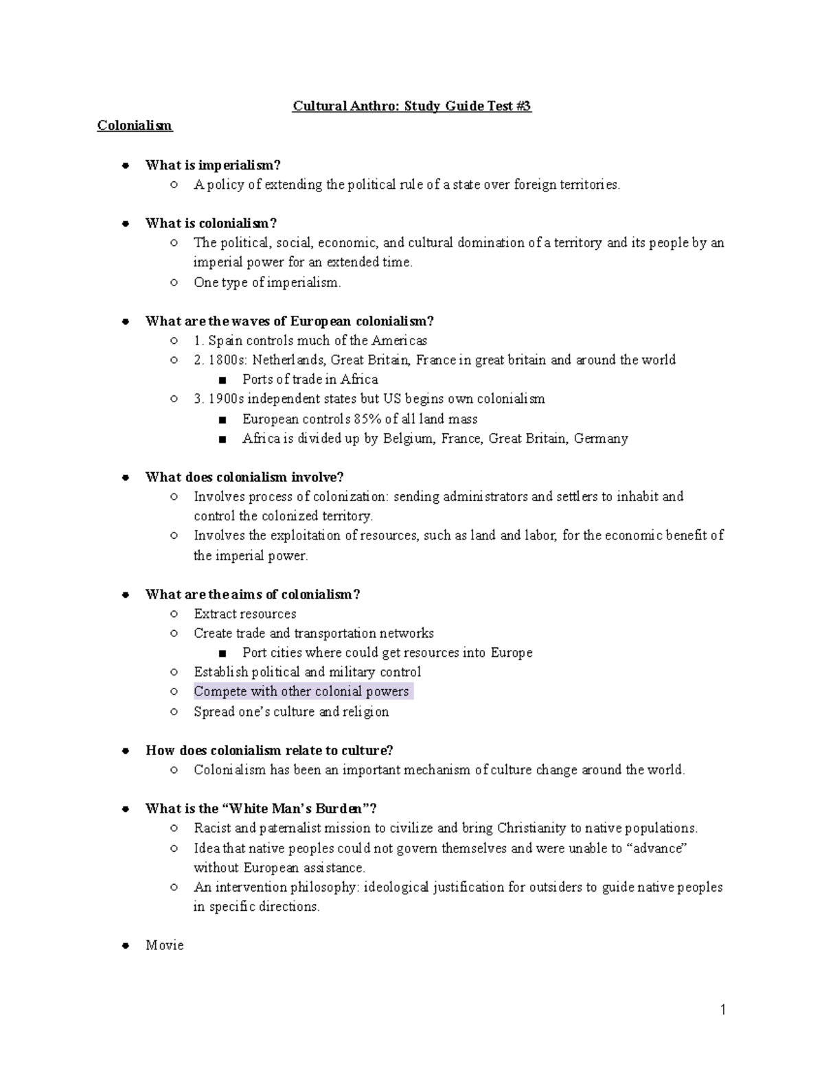 Cultural Anthropology Study Guide: Test #3 on Colonialism and More ...