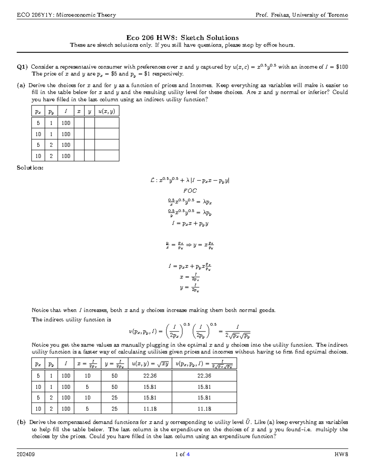 ECO 206Y1Y: Fall 2024 Microeconomic Theory HW8 Sketch Solutions - Studocu