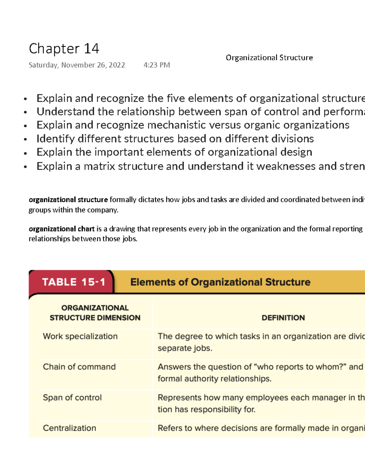 Chapter 14 - Organizational Structure • Explain and recognize the five ...