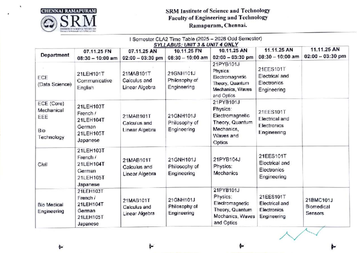 I Year CLA2 Timetable (2025 Odd Semester) - SRM Institute - Studocu