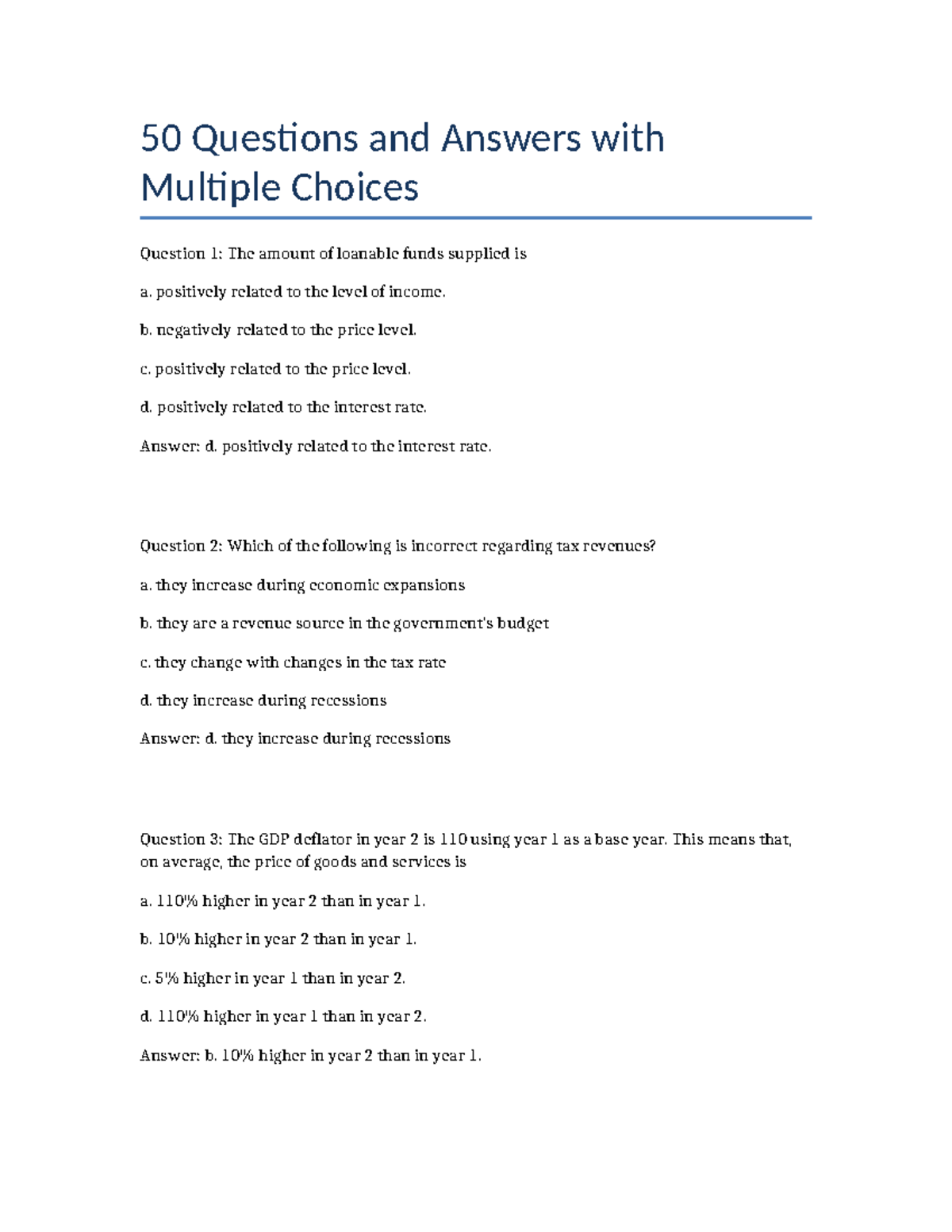 50 Q&A on Economic Concepts: Multiple Choice Review for Exam - Studocu