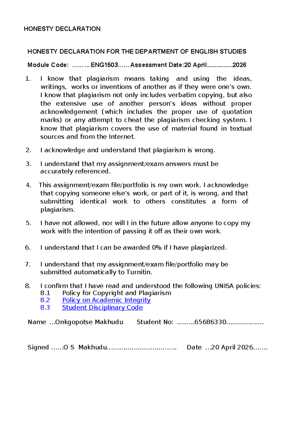 Honesty Declaration for English Studies Module Code: 2026 - Studocu